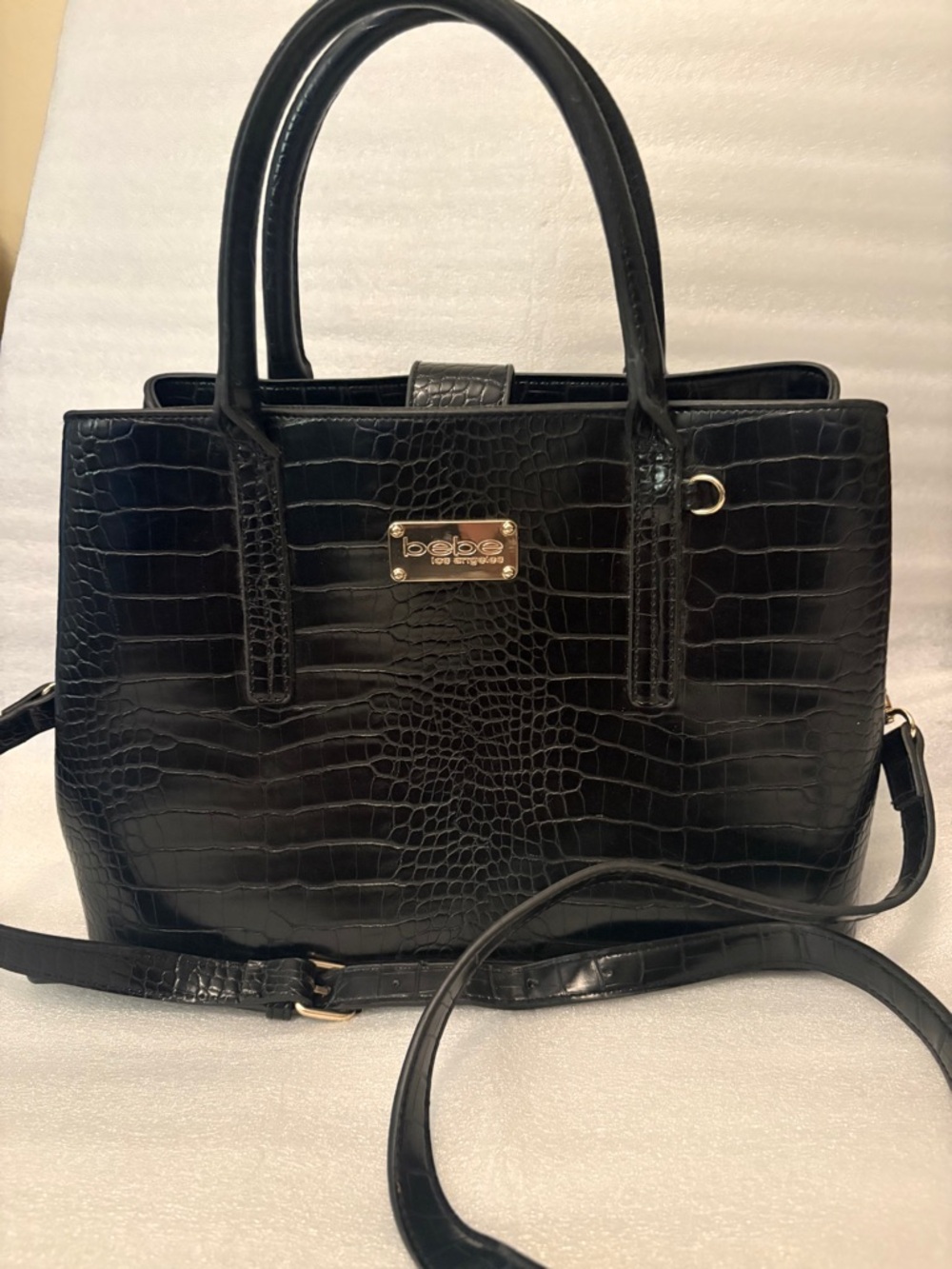 Bebe LA Black Croc Embossed Structured Satchel Gold tone Handle/Crossbody Strap